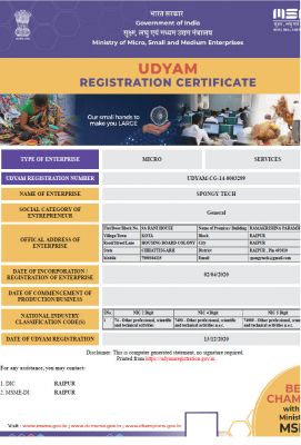 SPONGY TECH OBTAINED UDYAM CERTIFICATE FROM THE GOVERNMENT OF INDIA
